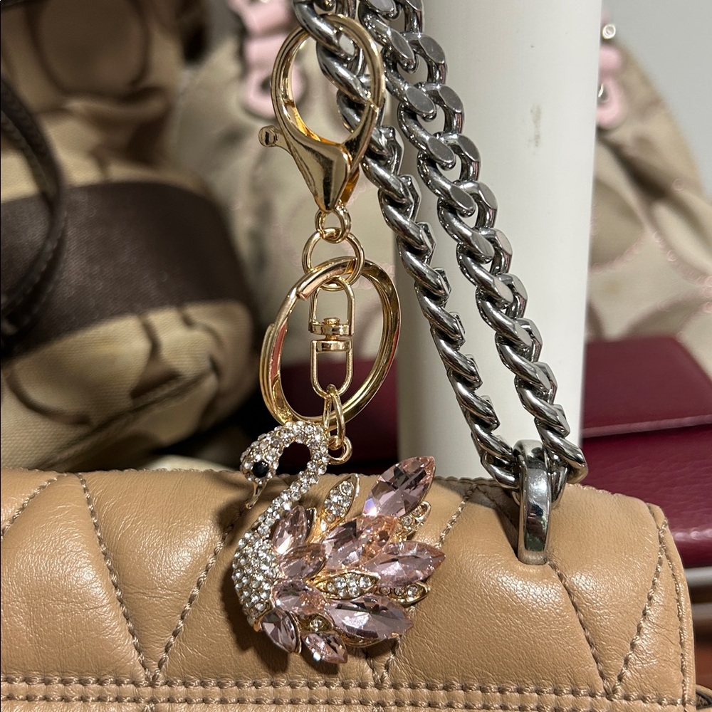 Swan Keychain with Gold and Pink Accents